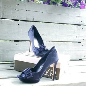 Worn Once Navy Satin RSVP Peep Toe Stilettos